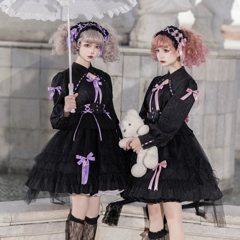 Classic Lolita Dress With Tieried Skirt Hem And Bows Detail 32086:381914