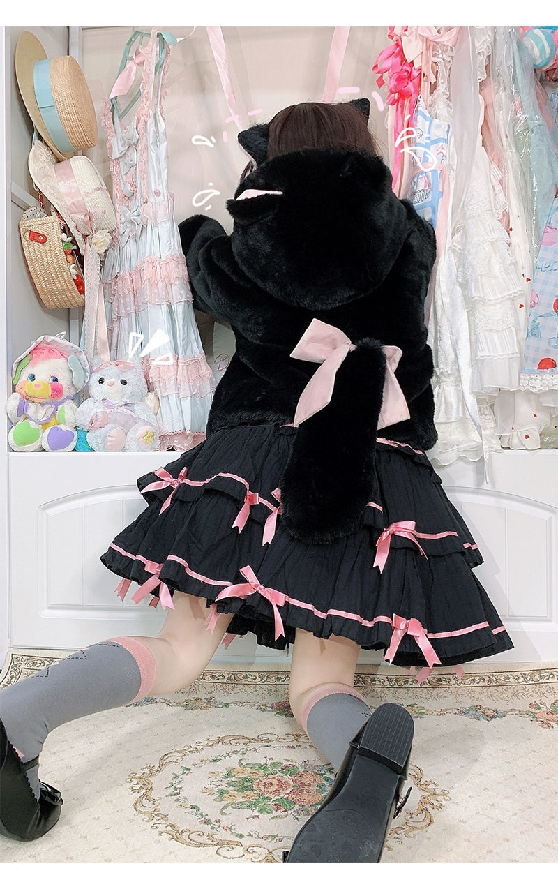 Sweet Lolita Coat Jirai Kei Winter Coat White Black Fleece Coat 32404:384830