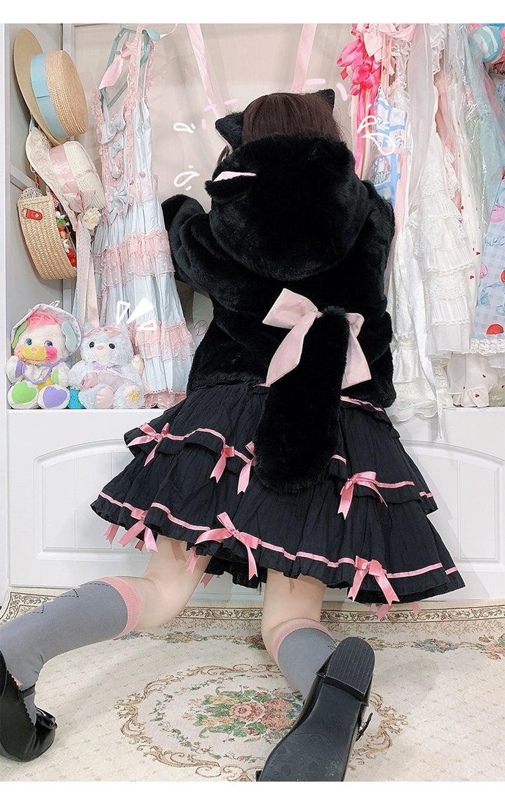 Jirai Kei White Black Plush Coat Lolita Kawaii Cat Fleece Coat 32404:384830