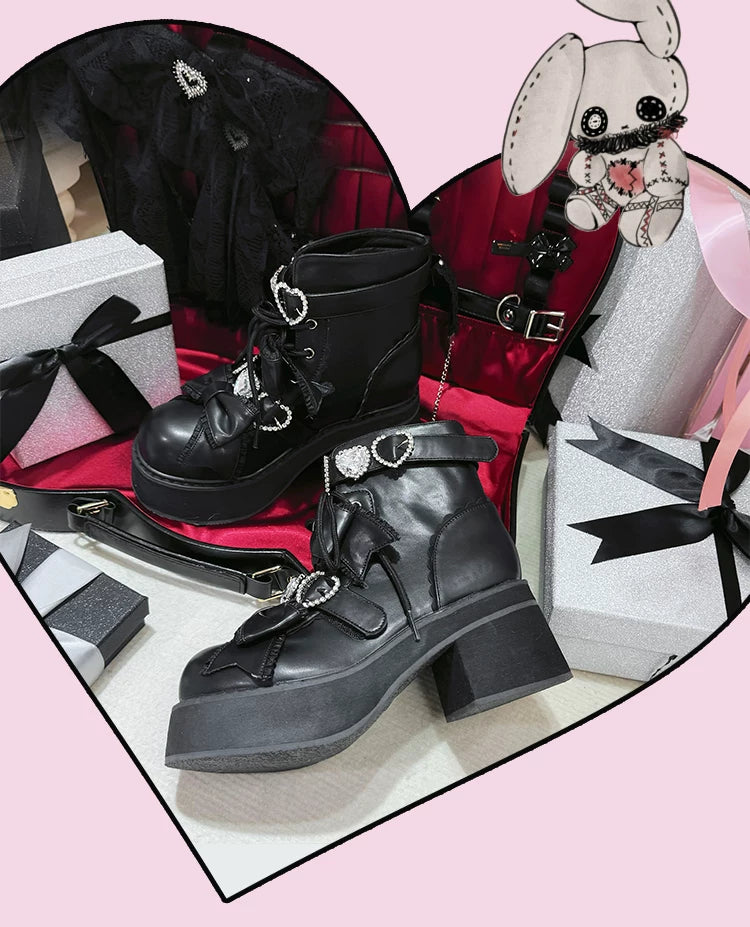 Jirai Kei Heeled Ankle Boots, Heart Rhinestone & Bows 45865:873149