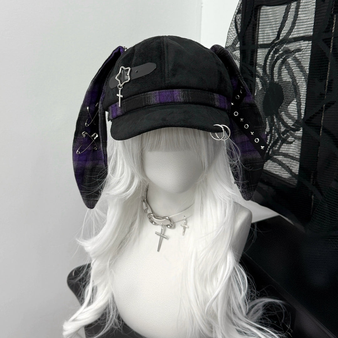 Plaid Punk Beret Hat, Bunny Ears, Safety Pins (M / Purple) 43833:786494