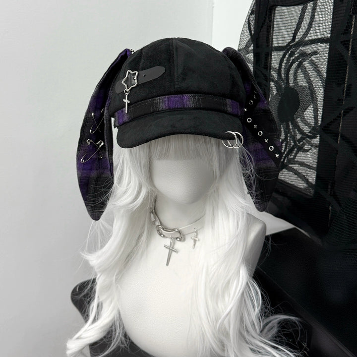 Plaid Punk Beret Hat, Bunny Ears, Safety Pins (M / Purple) 43833:786494