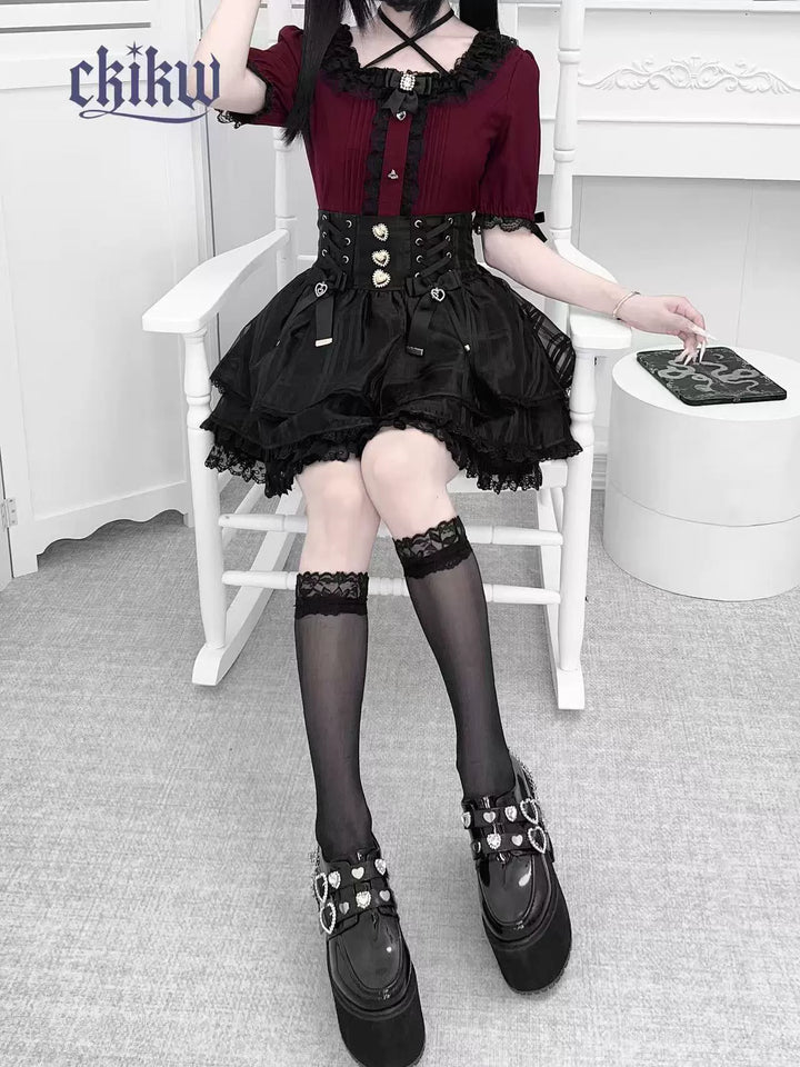 Lace Square Neck Jirai Kei Blouse, Detachable Rhinestone Bow 43611:780670