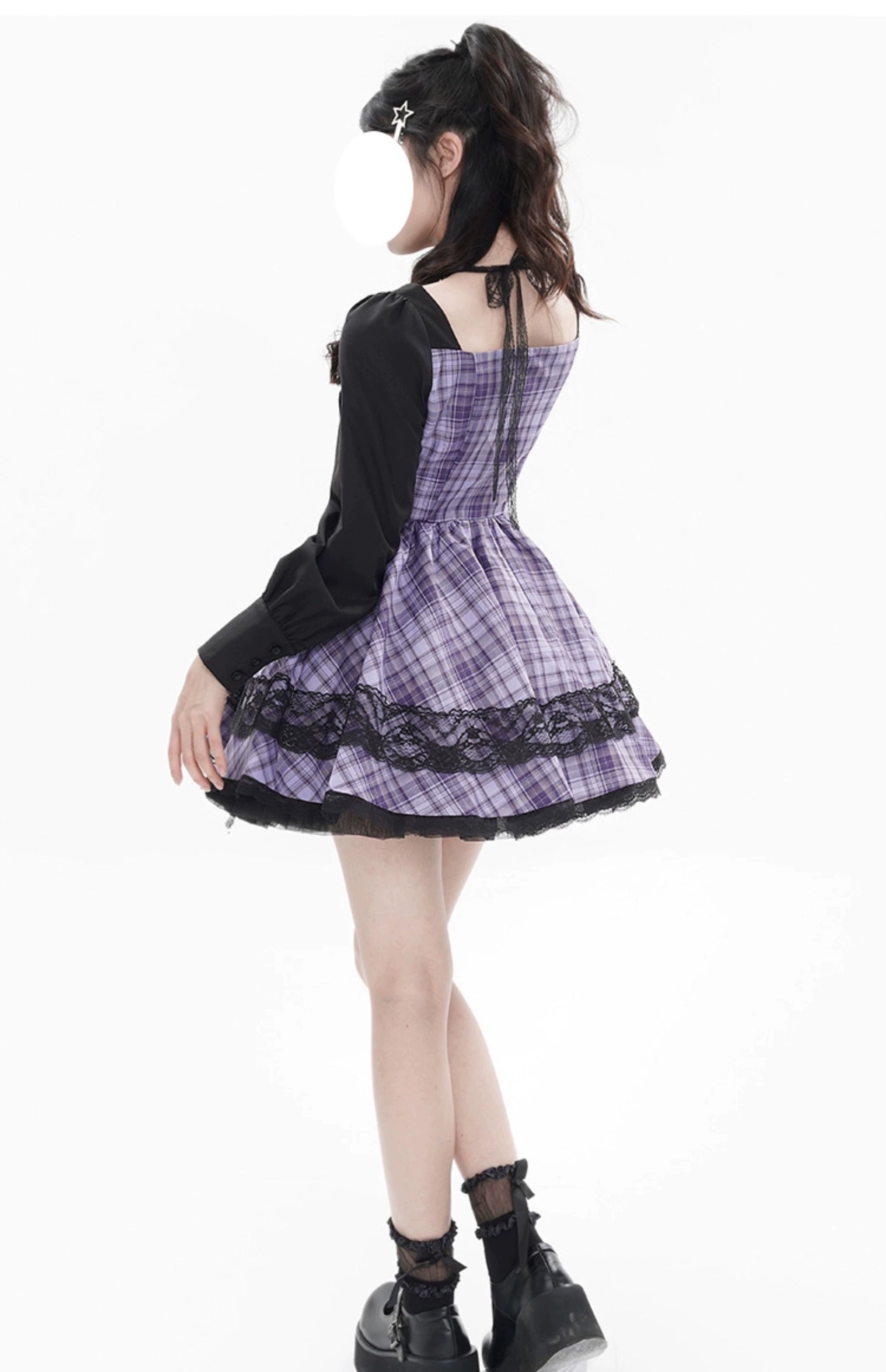 Jirai Kei Dress Puff Sleeves Purple Dress Heart Buckle Dress 36418:570222
