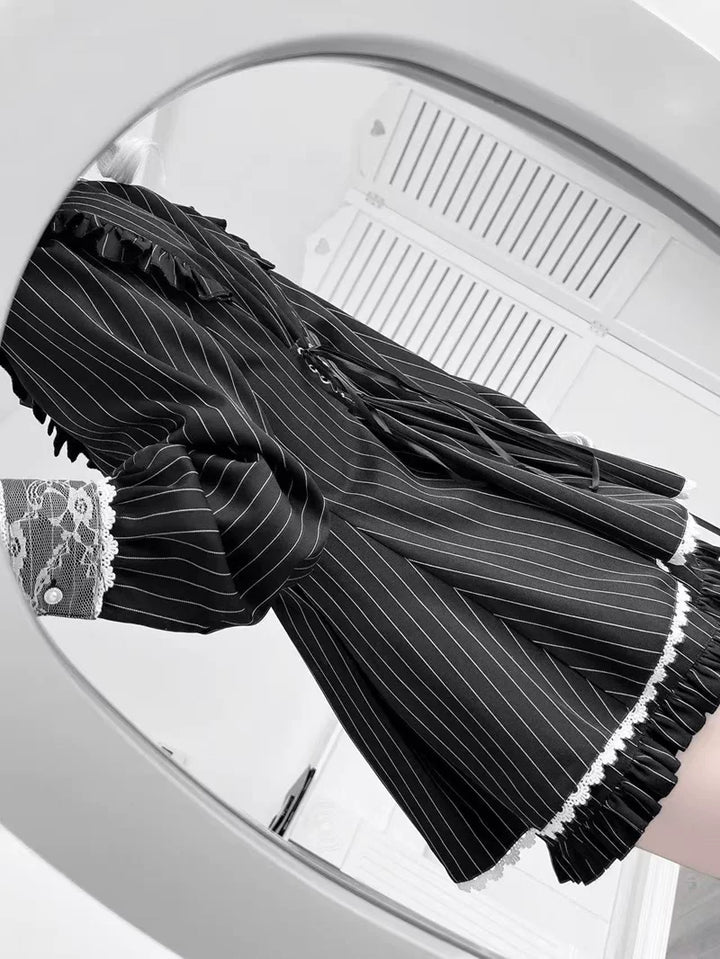 Jirai Kei Striped Dress, Lace Trim and Ruffles 45369:848095