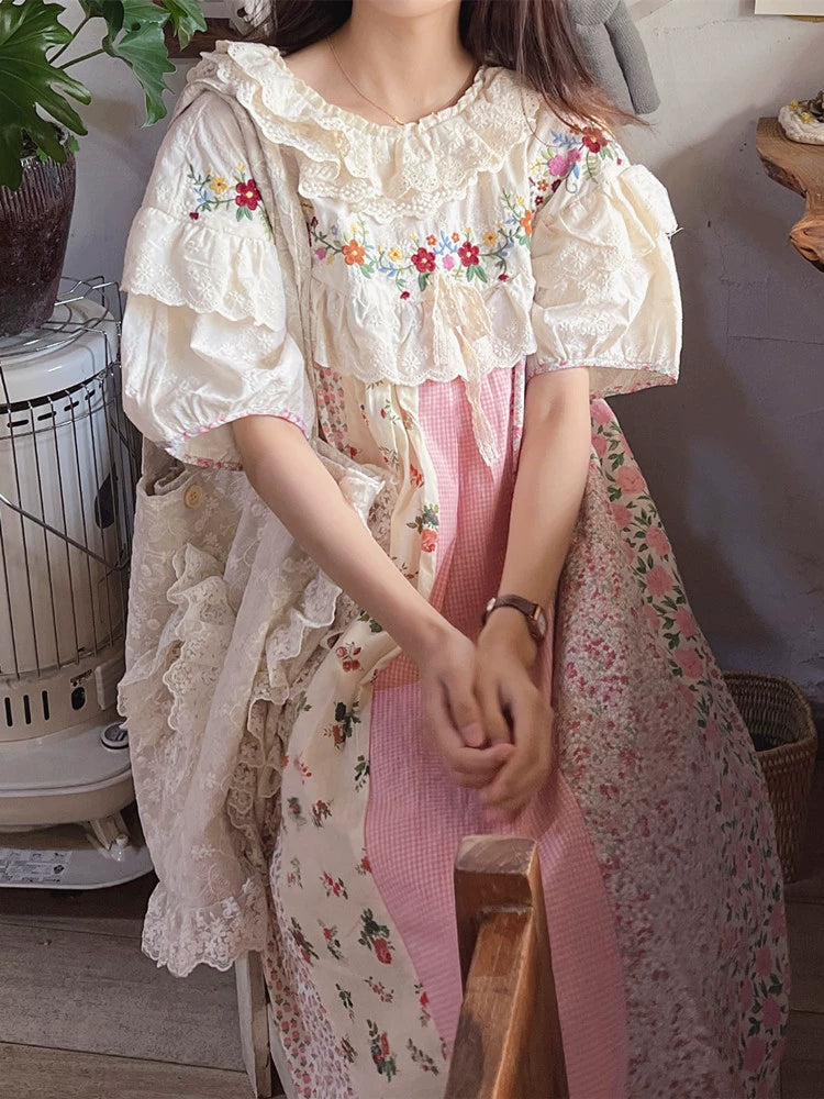 Mori Kei Cottagecore Dress Floral Dress Lantern Sleeves Dress 36216:524328
