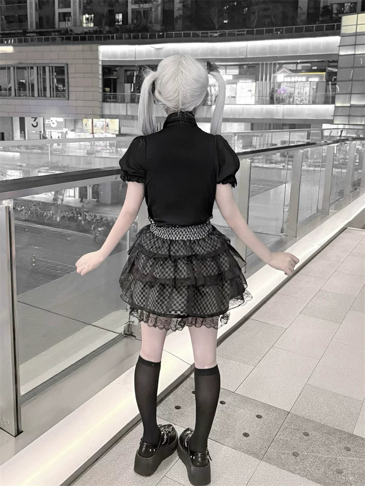 Jirai Kei Black Blouse and Plaid Skirt Set, Tulle Overlay 45572:855468