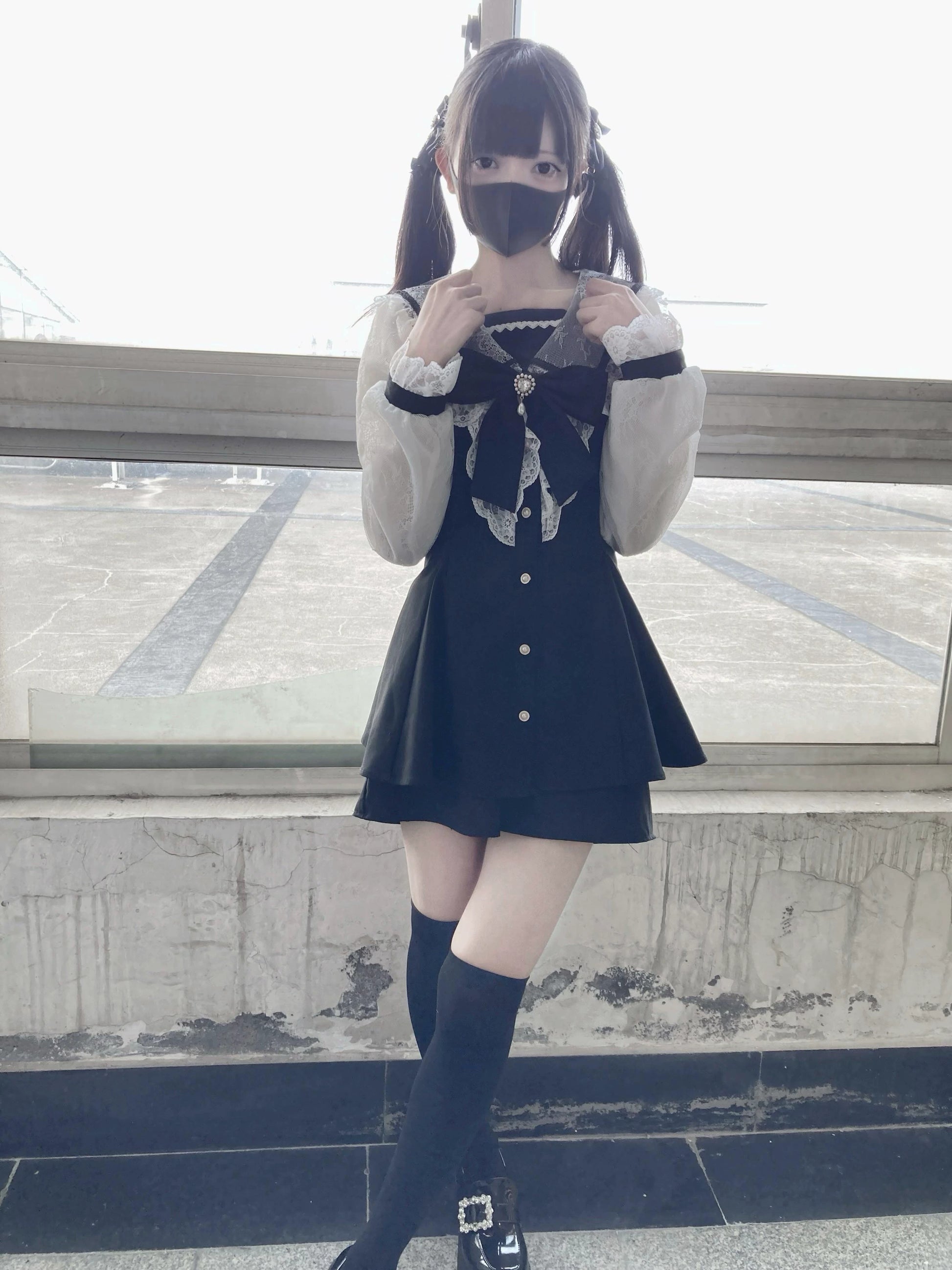 Black Jirai Kei Set Lace Sleeve Sailor Collar Dress Shorts 37650:567942