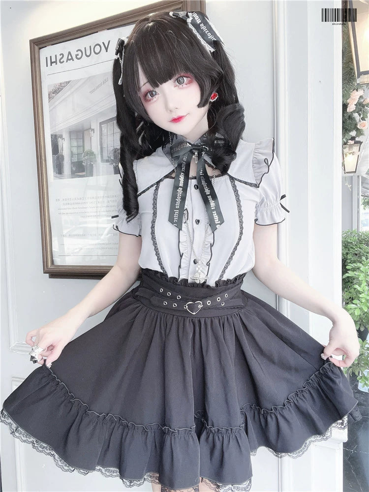 Black Jirai Kei Skirt Heart Buckle Cross-Strap Overalls 31996:397308