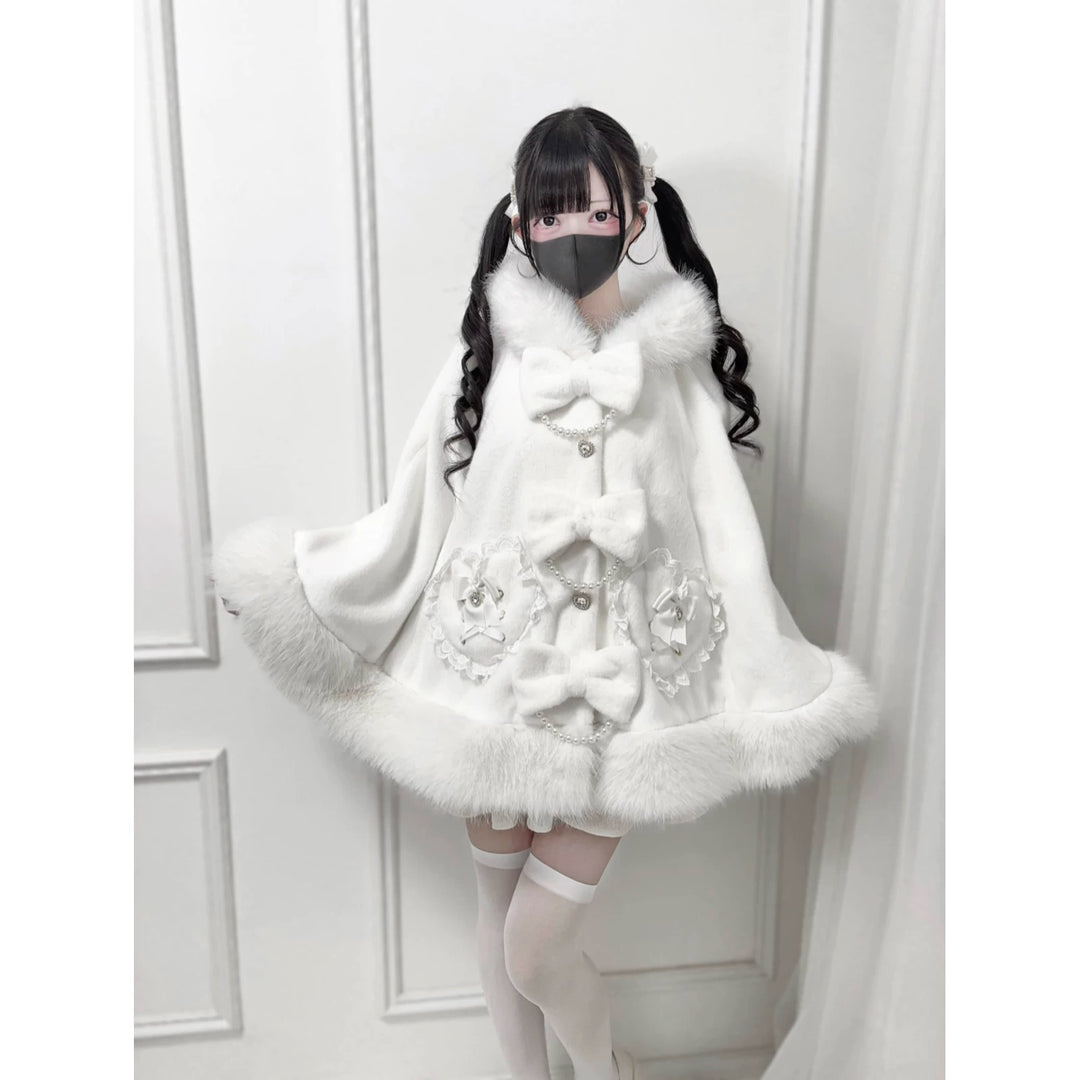 Hooded Jirai Kei Winter Cape, Bow Buttons 44428:808748