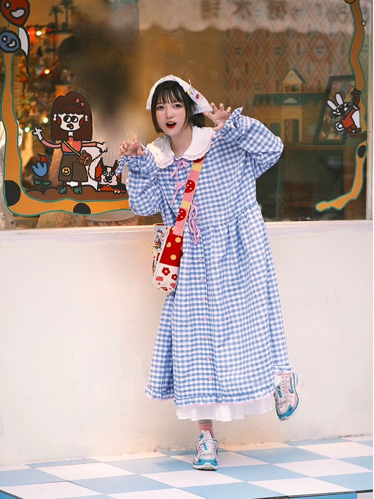 Oversized Mory Kei Dress Plaid Long Sleeve Dress Sweet Dress 36168:517296 36168:517296