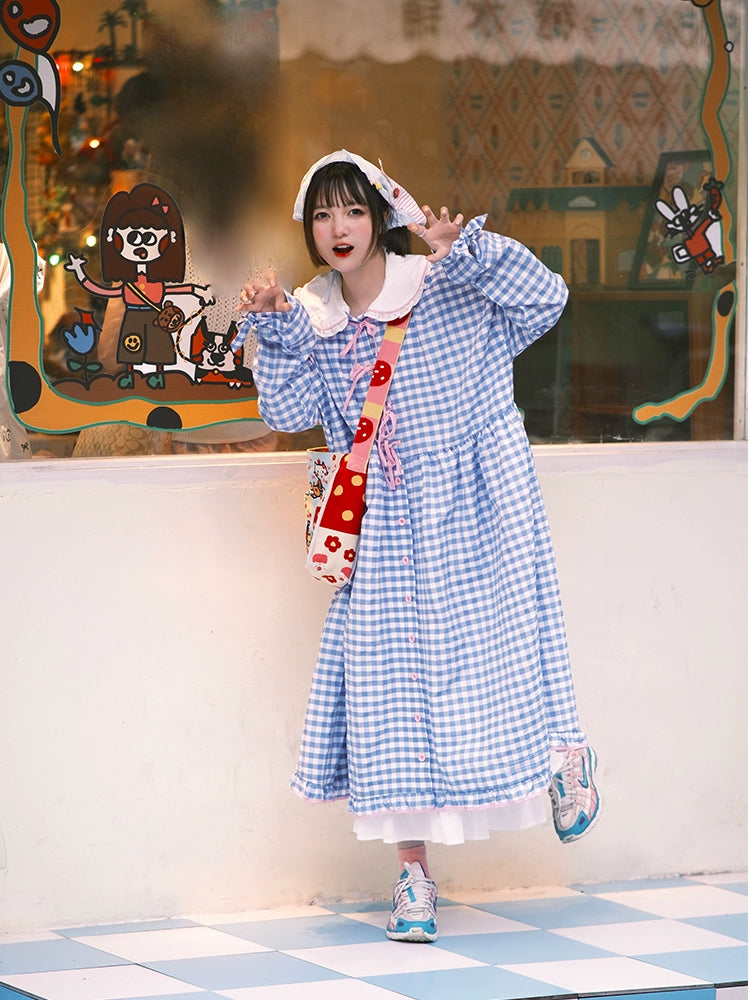Oversized Mory Kei Dress Plaid Long Sleeve Dress Sweet Dress 36168:517296