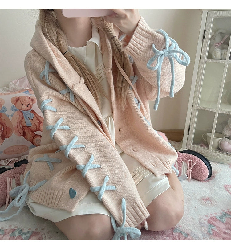 Kawaii White Pink Blue Cardigan Bunny Ears Sweater Coat 22658:345294 22658:345294