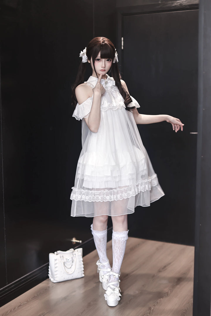 White Lace Open Shoulder Dress, Voile Outer Layered 45423:850586