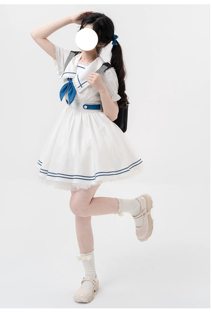 Preppy Dress Sailor Collar Dress White Short Sleeve Dress 36416:574326