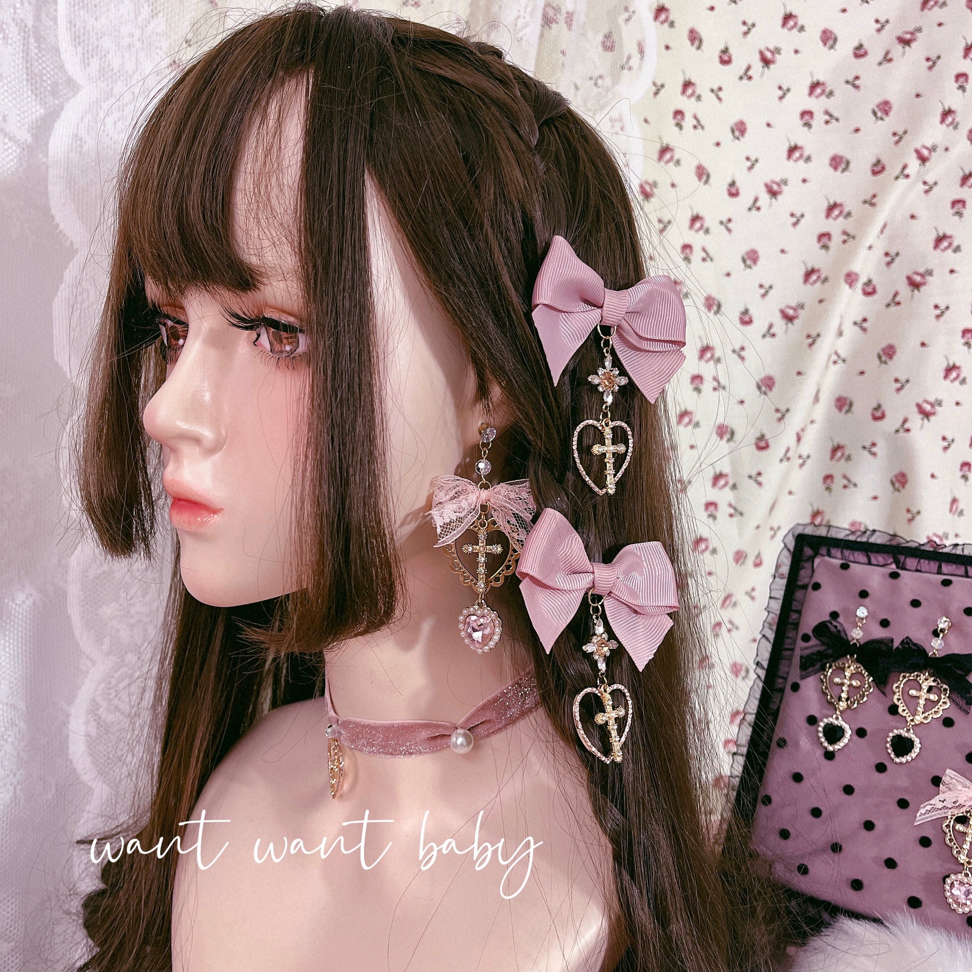 Jirai Kei Earrings Pink Black Lace Heart Cross Studs 35632:543638