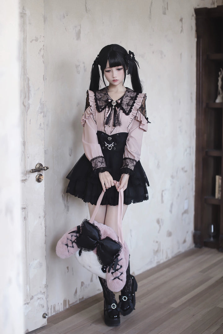 Jirai Kei Long Sleeve Blouse, Lace Overlay and Heart Buttons 44589:815153