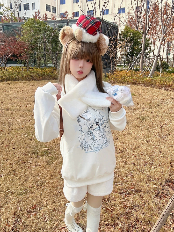 Tenshi Kaiwai Sweatshirt Fleece White Hoodie Plush Scarf 41570:704054