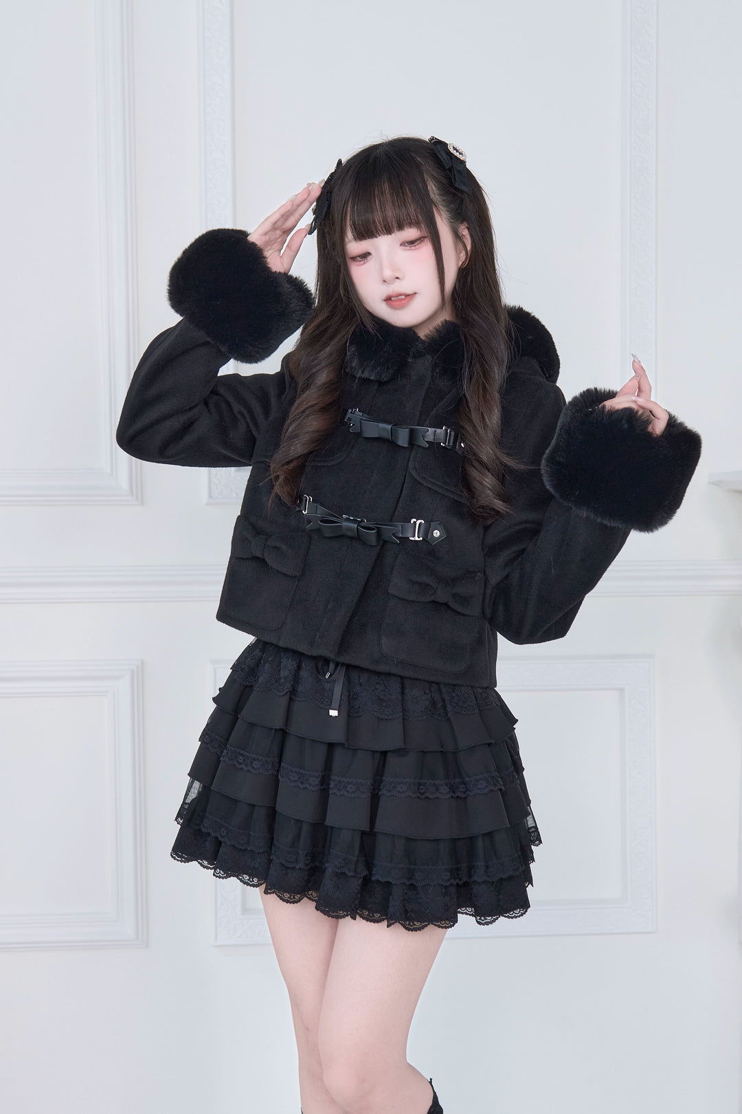 Hooded Rousangata Short Coat, Detachable Plush Cuffs (L M) 44116:796395