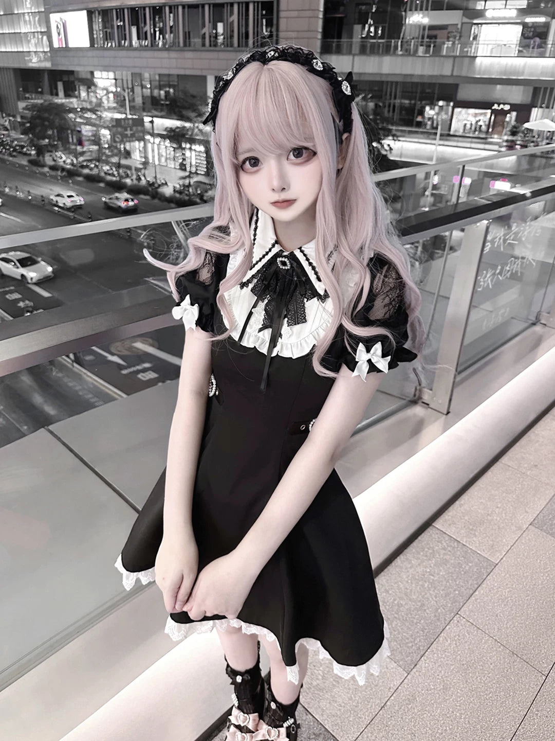 Jirai Kei A-line Dress, Black & White Color Block 45583:855103