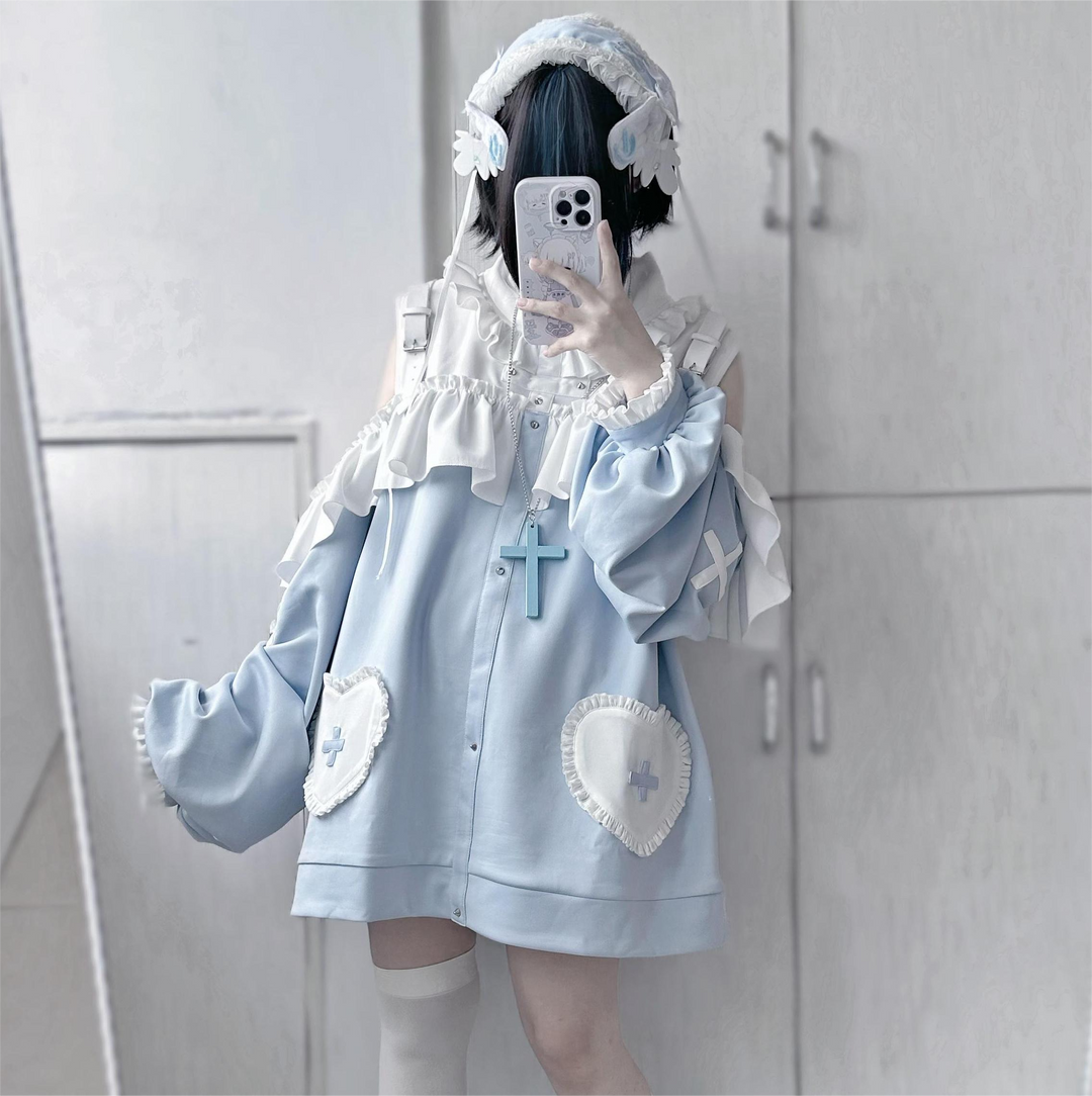 Tenshi Kaiwai Oversized Hoodie Set, Heart & Cross Details 45462:850909