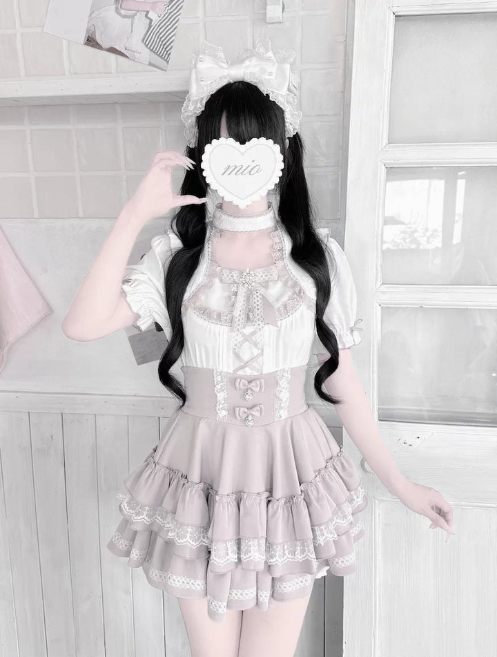 Jirai Kei Heart Lace Collar Blouse, High-waisted Tiered Skirt 45726:862561