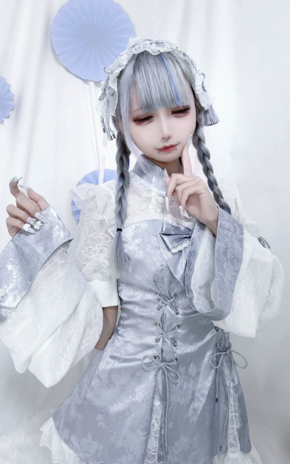 Jirai Kei Dress Set Chinese Style Lace Suit Short Sleeve Dress (L M S XL) 35598:500536
