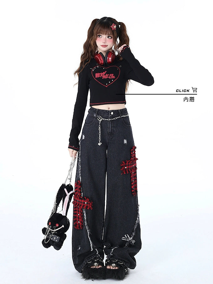 Punk Wide-Leg Pants Subculture Trousers Black Straight Jeans 39548:632794