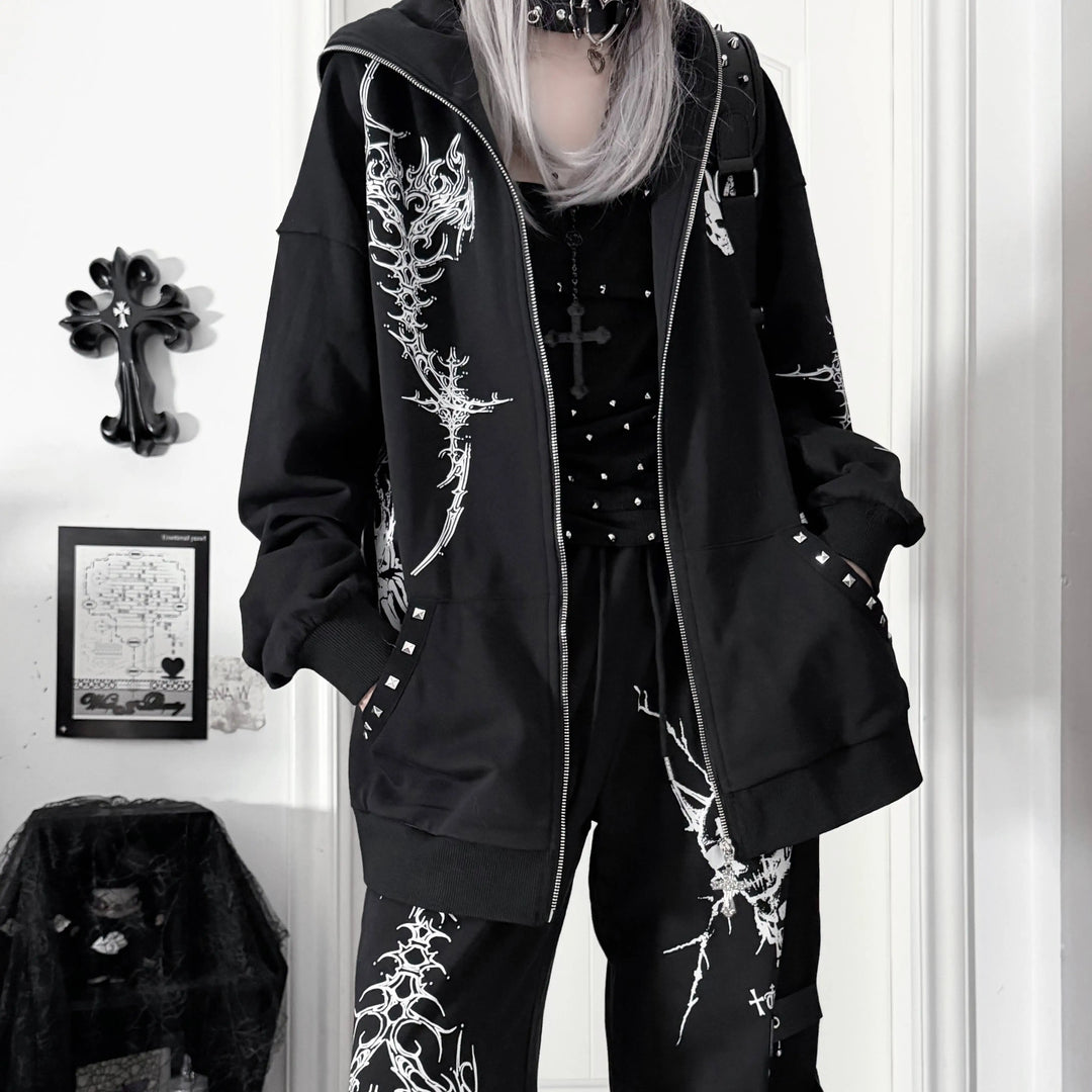 Gothic Skull Printed Jacket and Sport Pants Set 46060:873897