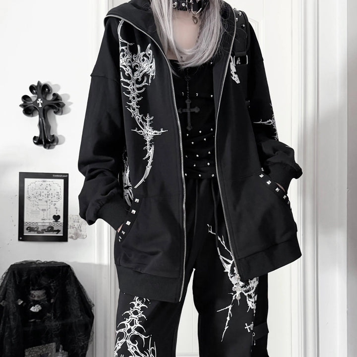 Gothic Skull Printed Jacket and Sport Pants Set 46060:873897