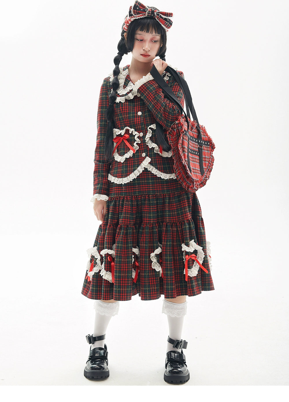 Retro Lolita Coat Showa Christmas Red Plaid Winter Coat 40314:663052