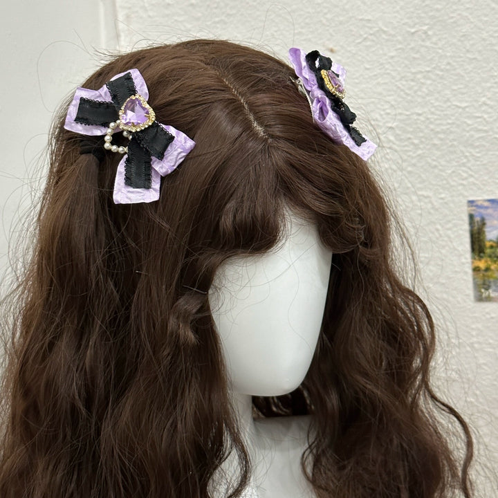 Jirai Kei Hair Clip Black Purple Rhinestone Bow Hair Clip 32182:467244 32182:467244