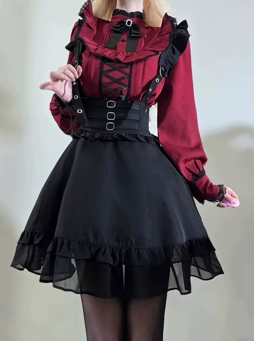 Jirai Kei Black Lace Strap Short Skirt (F) 21742:314578