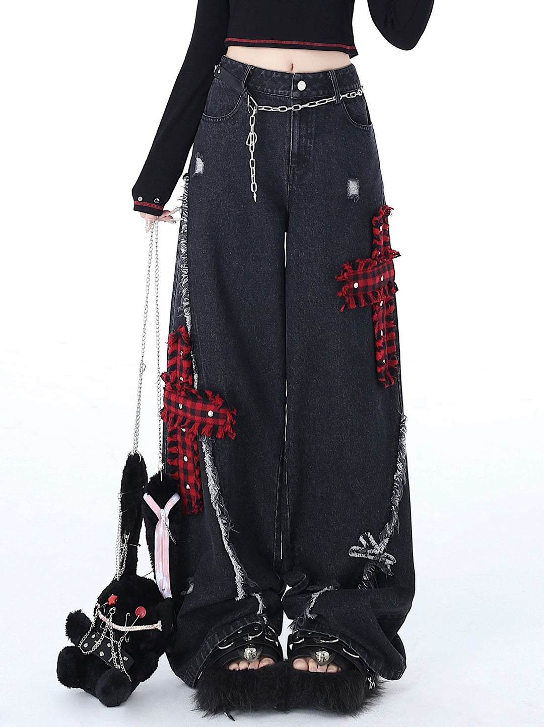 Punk Wide-Leg Pants Subculture Trousers Black Straight Jeans (L M S / Black) 39548:632764