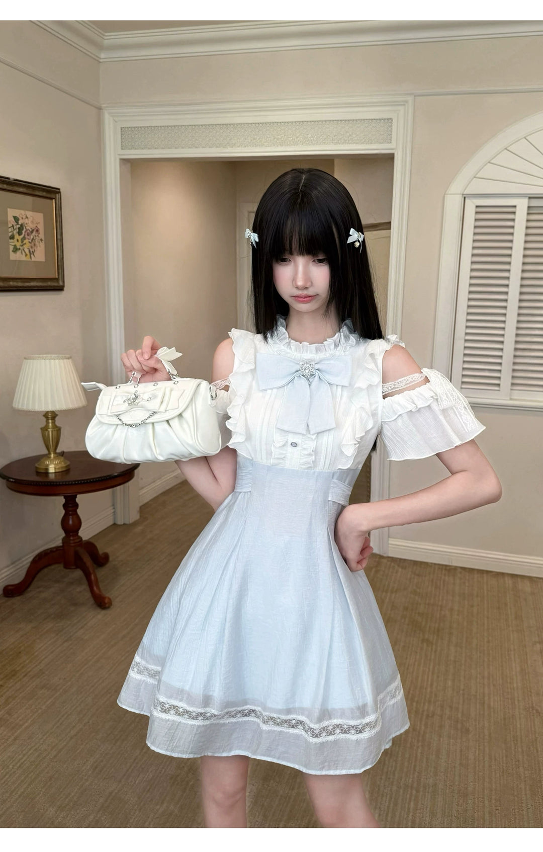 Seiso Kei Open Shoulder Dress, Blue & White Color Spliced 45752:861373