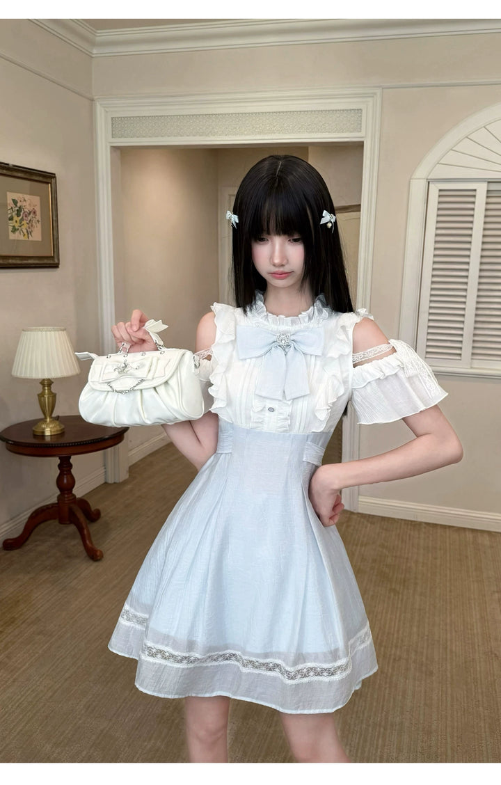 Seiso Kei Open Shoulder Dress, Blue & White Color Spliced 45752:861373