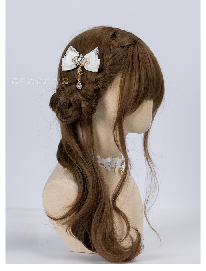Jirai Kei Bow Hair Clips, Rhinestone Crown and Pearl Chain 44194:802739