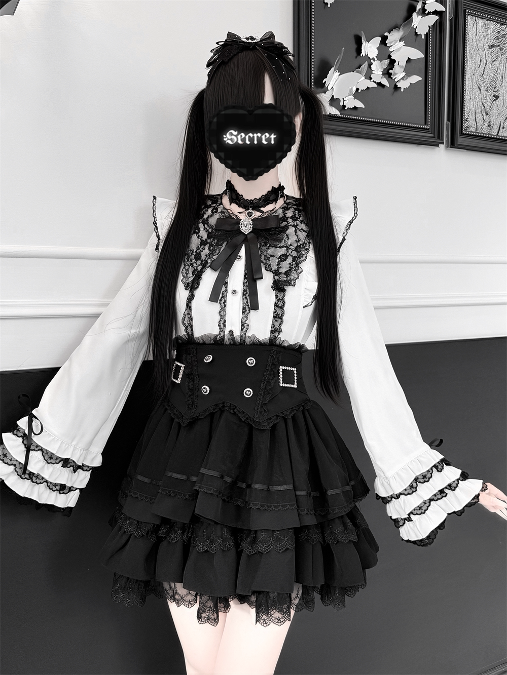 High-Waisted Jirai Kei Skirt, Lace Hem 44810:822722