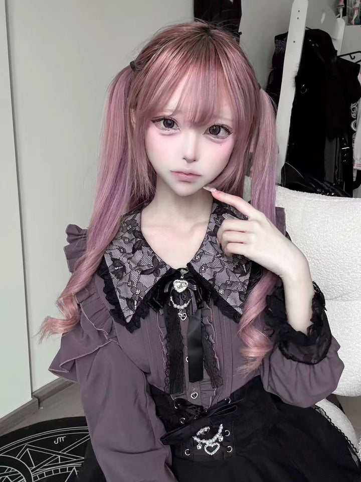 Jirai Kei Long Sleeve Blouse, Lace Open-Shoulder 44588:815026