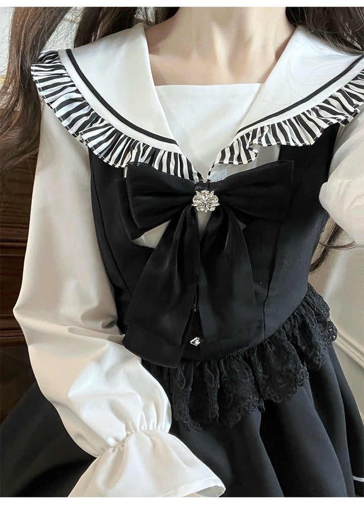 Jirai Kei Dress Set Sailor Collar Shirt And Black Vest Dress 41300:690674