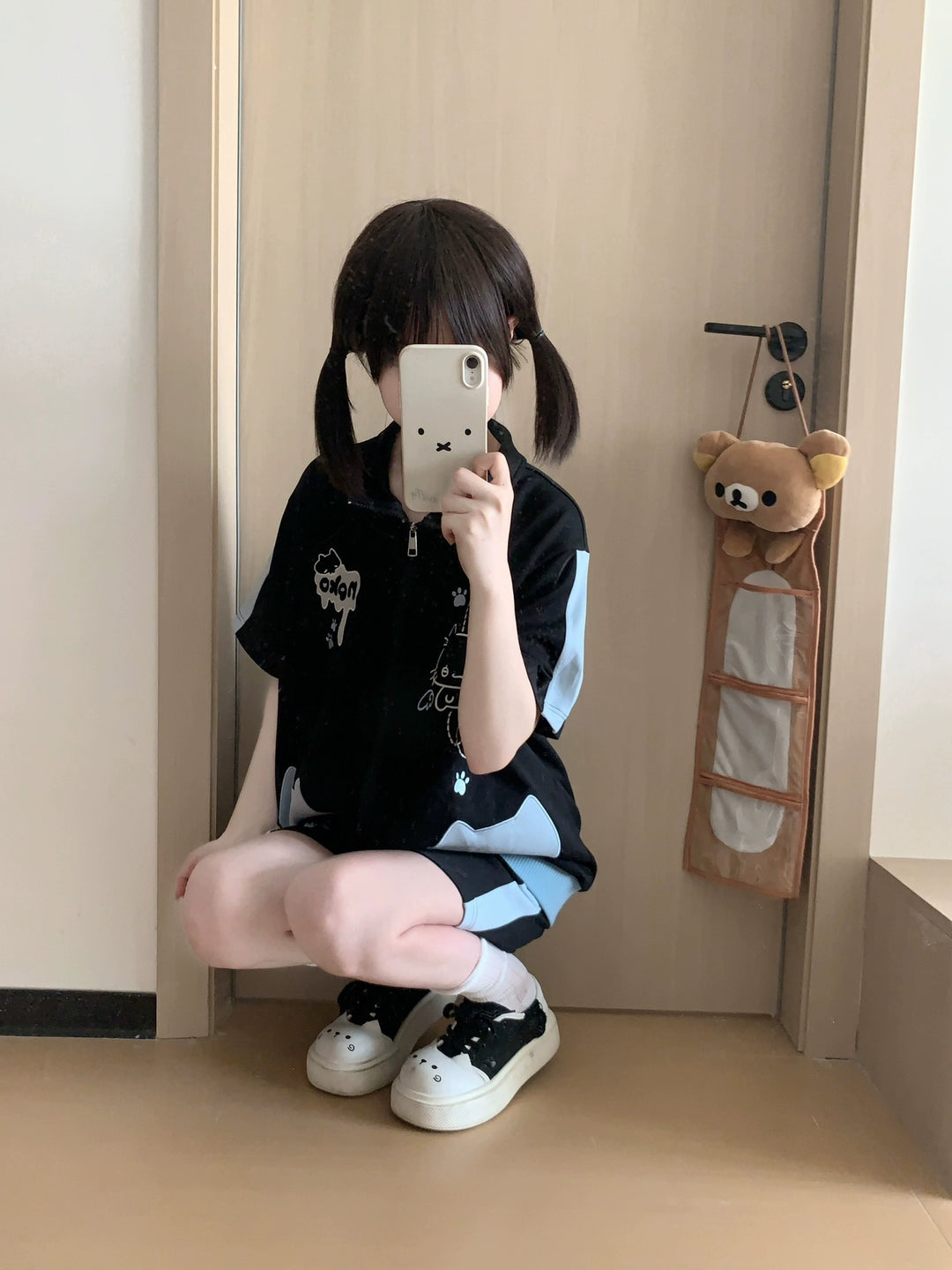 Cat Printed Kawaii Outfit, Zip Up Sweatshirt + Pocketed Shorts 43561:779964