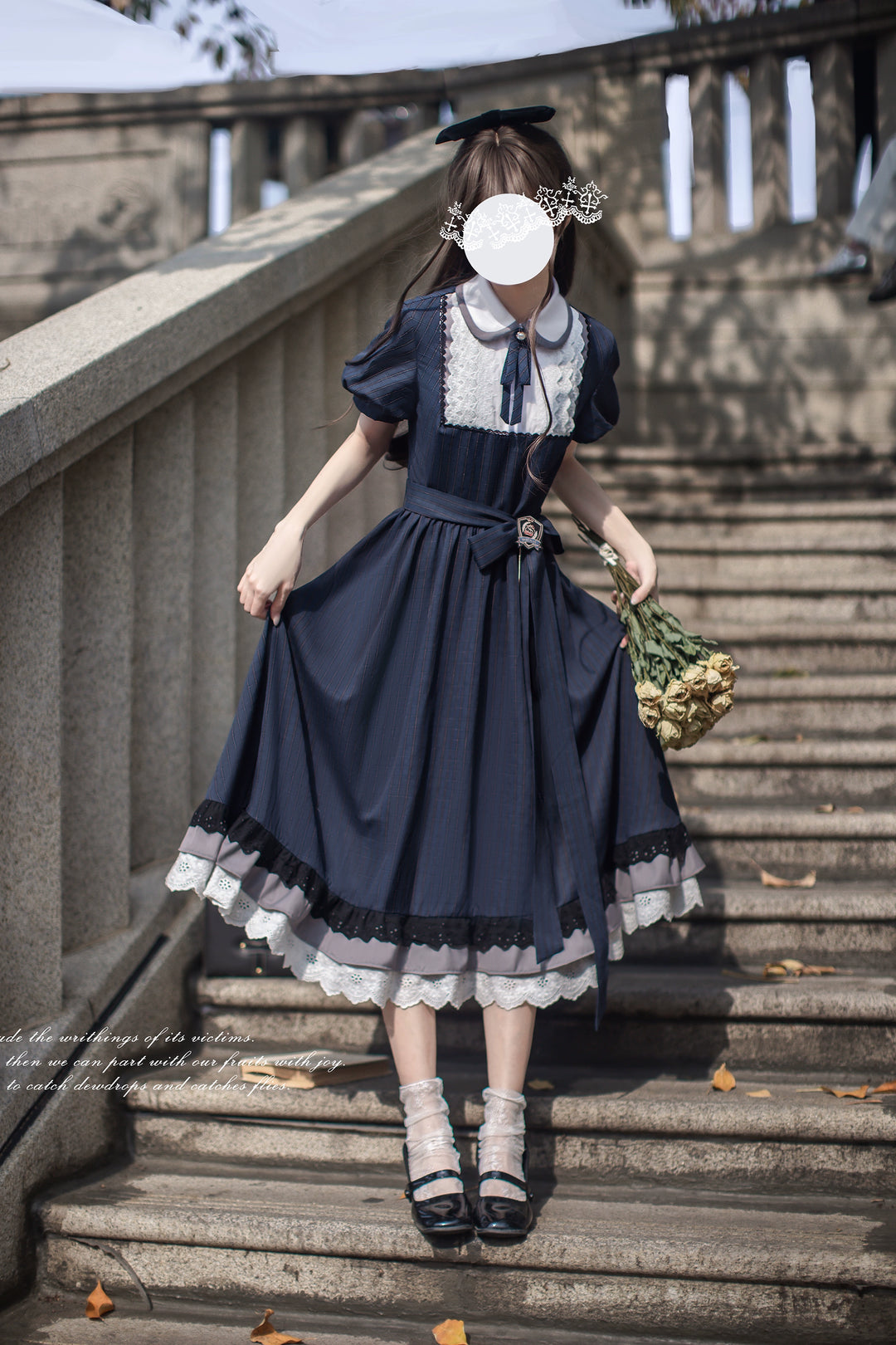Navy Preppy Style Long Dress, Peter Pan Collar 43648:782304