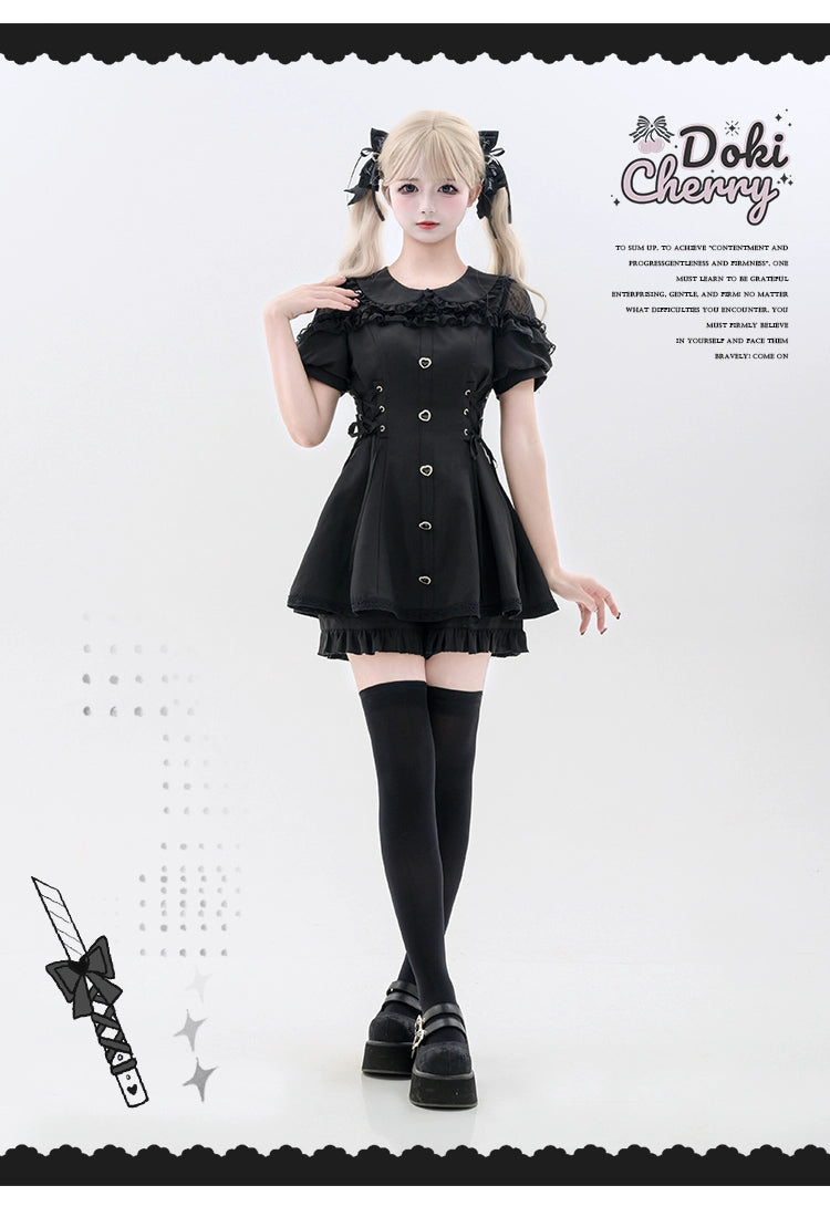 Jirai Kei Dress And Shorts Lace-up Short Sleeve Outfit 37750:565412