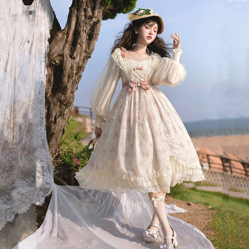 Elegant Lolita Dress Cottagecore Dress Long-Sleeved Beige Dress 36470:515880 36470:515880