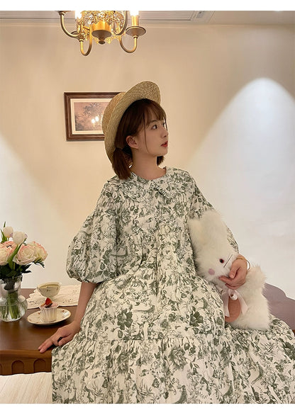 Mori Kei Dress Bubble Sleeve Vintage Green Floral Dress 36552:531256