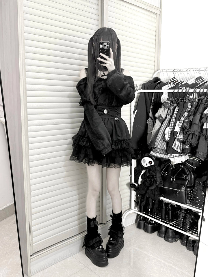 High-Waistband Jirai Kei Skirt, Tiered Lace Hem 44115:803729