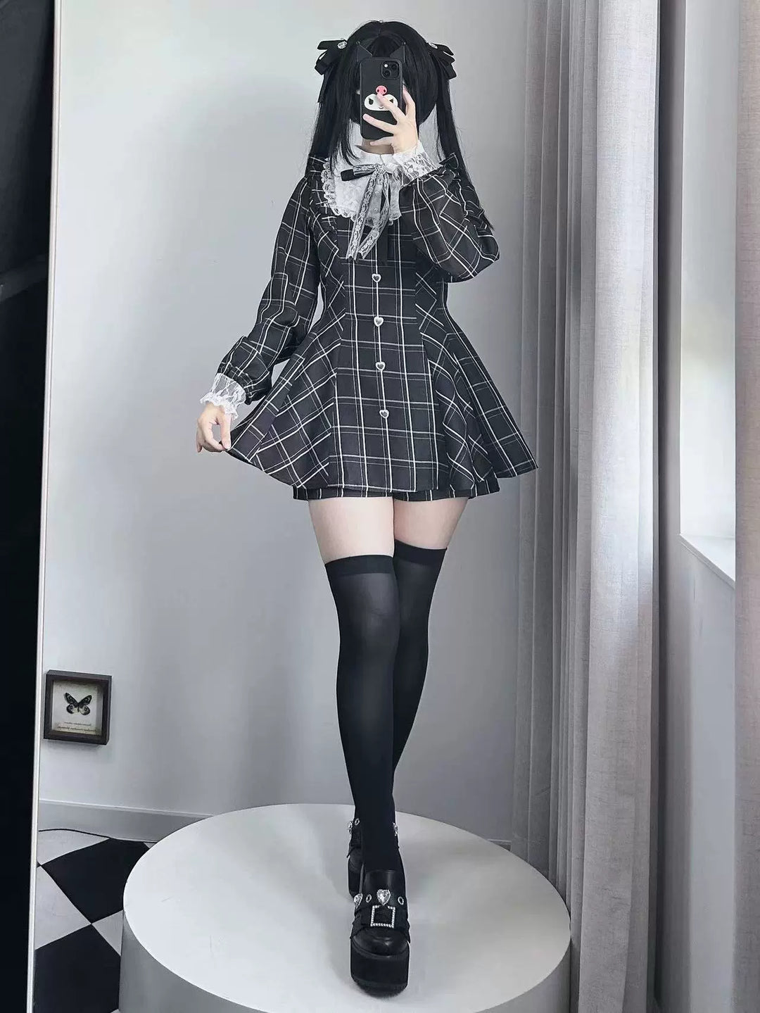 Jirai Kei Dress Set Long-sleeved Plaid Dress And Shorts S (pre order) / Black And White Plaid (S/M