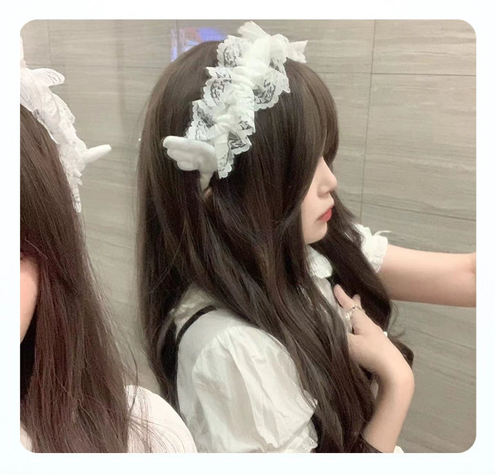 Jirai Kei White Black Angel Wings Lace Headband 21680:313376 21680:313376