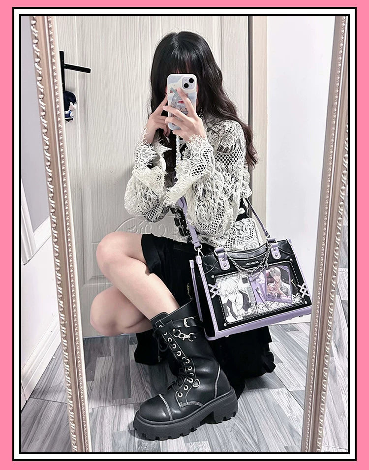 Y2K Square Shaped Ita Bag, Clear Window & Star Chain 45418:848143