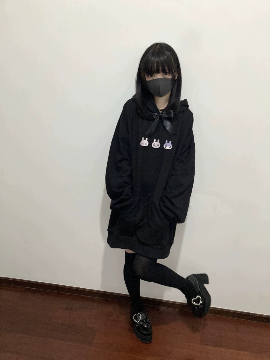 Plus Size Jirai Kei Hoodie Cute Black hooded Sweatshirt 35264:485166